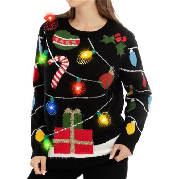 Womens LED Light Up String Light Ugly Christmas Sweater with Light Bulb Pullover - Picture 5 of 7